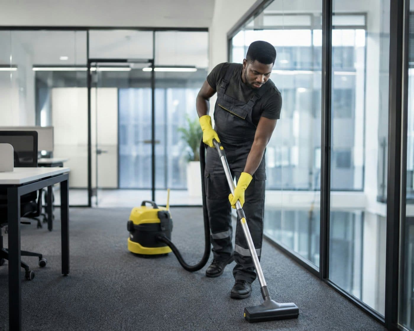 A technician running an extractor across the carpet of an open plan office.