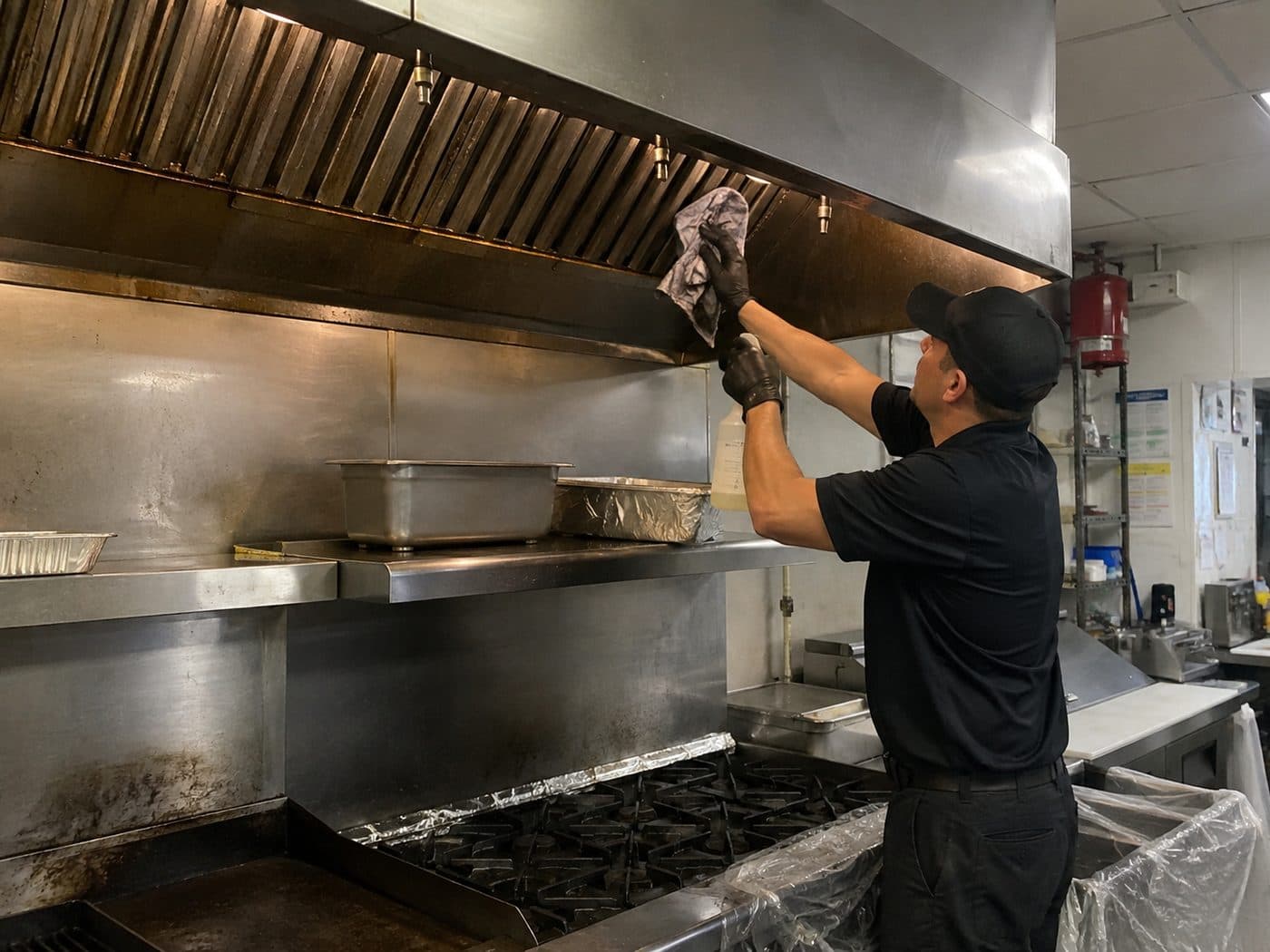 A technician wiping grease off the filters and canopy of a commercial kitchen exhaust hood.