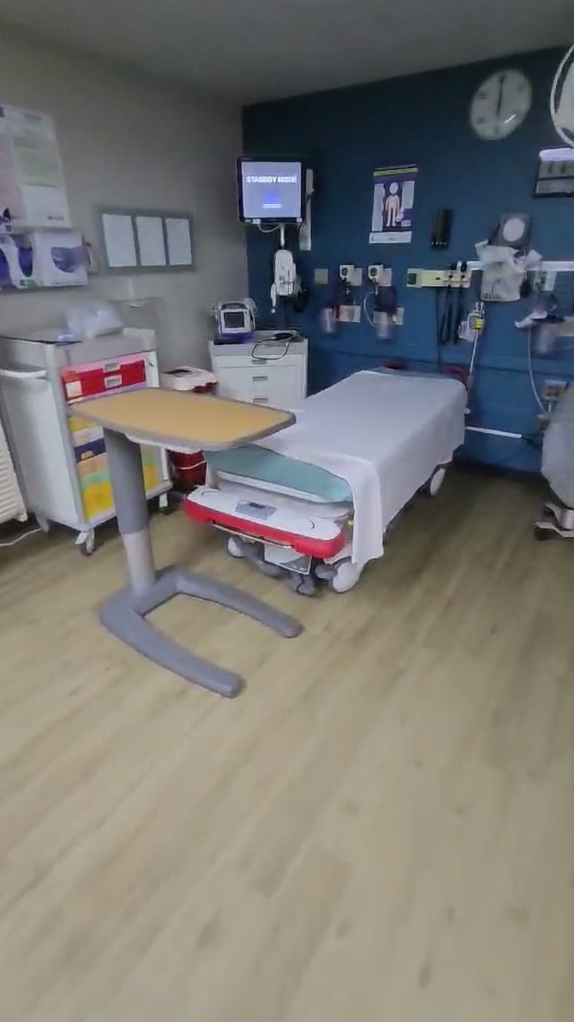 A hospital patient room with its wood-look floor cleaned and the bay reset.